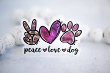 Peace Love Dog, Purple Sticker Vinyl Sticker, 3x3 in.